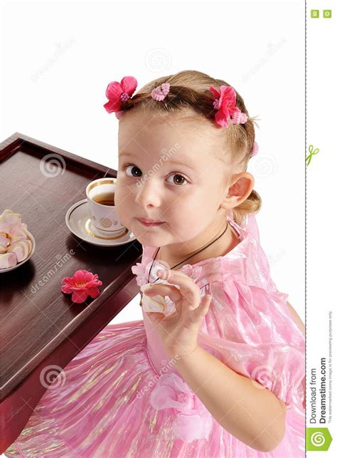 Nice Little Girl Having Tea On White Stock Photo Image