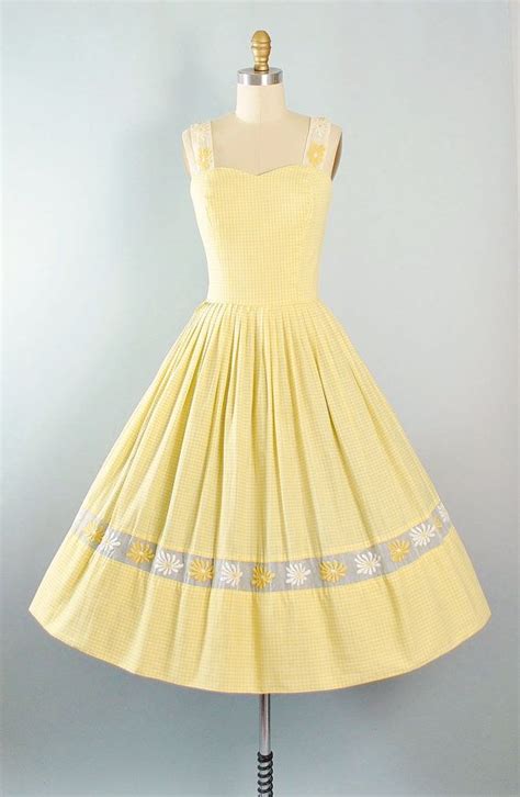 Reserved 50s Dress 1950s Yellow Gingham Cotton Sundress Embroidered Daisy Floral Full Skirt