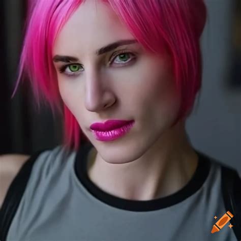 Portrait Of A Sporty Woman With Pink Hair And Green Eyes