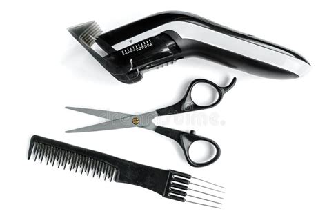 Black Hair Scissors Comb And Hair Clipper Isolated On White Background