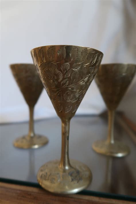Vintage Brass Engraved Goblets Etched Gold Goblets Etsy
