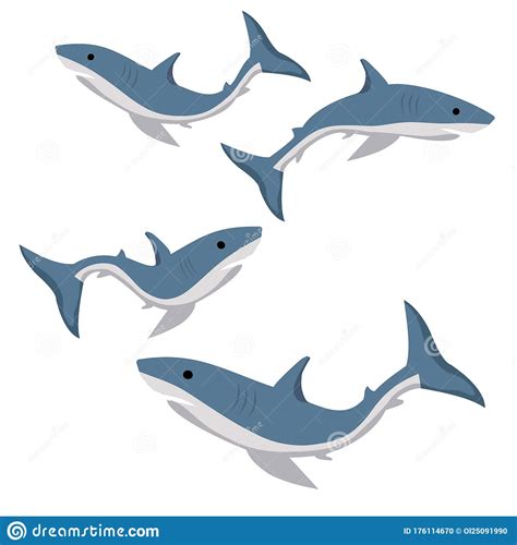 Conjunto De Tiburones Azules Aislados En Fondo Blanco Ilustración Del