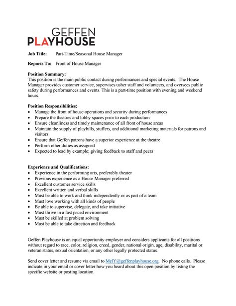 Seeking a challenging career that utilizes my skills in my area of competence. Front Of House Manager Job Description Theatre - Job Retro