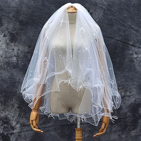 Simple Short Tulle Wedding Veil Wedding With Pearls Ivory Short Bridal