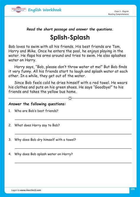 Class 3 English Reading Comprehension Worksheet Class1to12