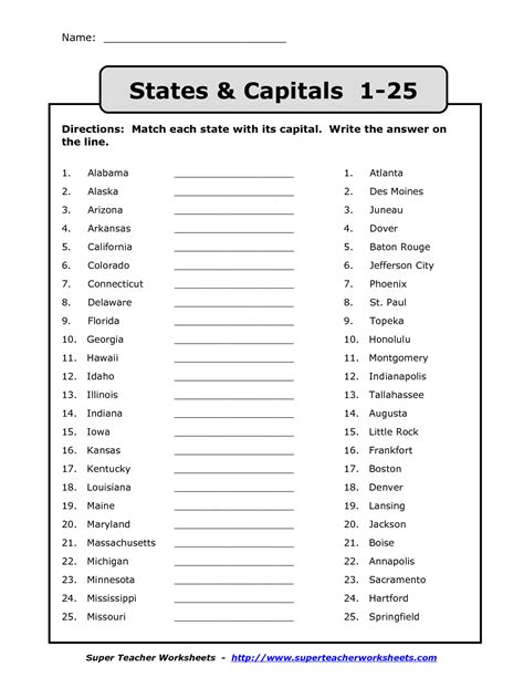 Name States Capitals 1 25 Directions Match Each State With Its Capital