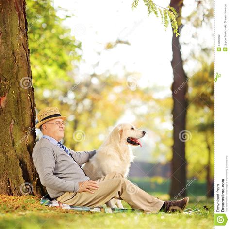 Senior Gentleman And His Dog Sitting On Ground In A Park Stock Image
