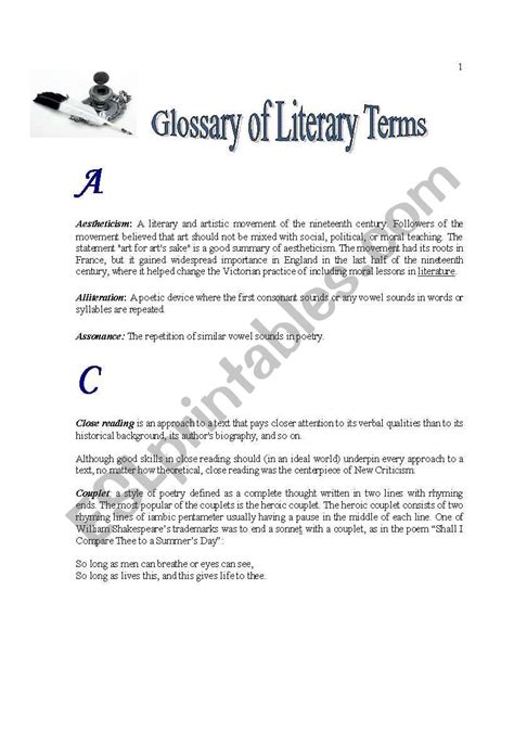 English Worksheets Glossary Of Literary Terms