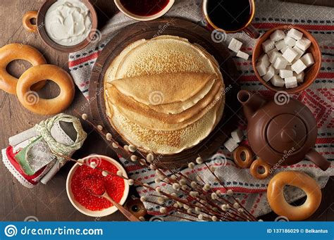 shrovetide maslenitsa butter week festival meal stack of russian pancakes blini stock image