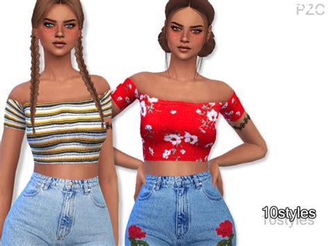 The Sims Resource Summer Floral And Striped Tops By Pinkzombiecupcakes