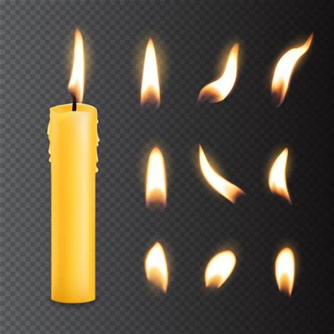 مجموعه وکتور جدا شده واقع گرایانه شمع با شعله آتش روشن می شود 1610352