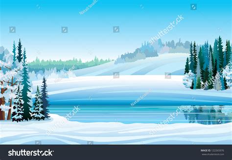Vector Winter Landscape With Frozen Lake Forest And Hills On A Blue