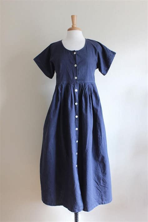 Vintage Navy Blue Button Front Cotton Linen Dress Etsy Black Silk