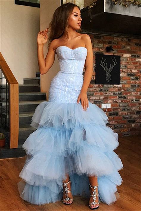 Light Blue Mermaid Strapless Tulle Prom Dresses Bowknot Layers Evening Dresses On Sale