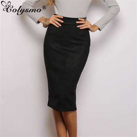 colysmo elegant pencil skirt high waist skirts womens suede bodycon long skirt side zipper back