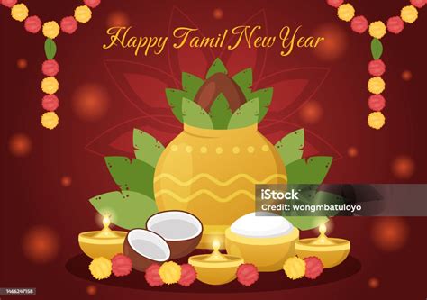 Ilustrasi Selamat Tahun Baru Tamil Dengan Bunga Vishu Pot Dan Festival