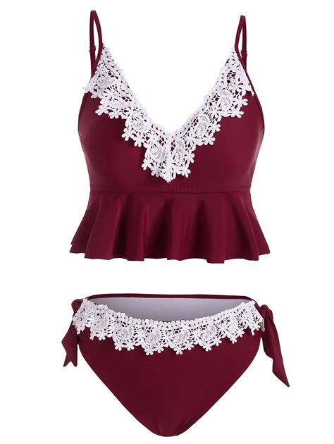 26 Off 2021 Lace Panel Knotted Tankini Swimwear In Red Wine Dresslily