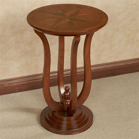 Ethan Autumn Cherry Finished Round Wooden Accent Table With Parquet Star