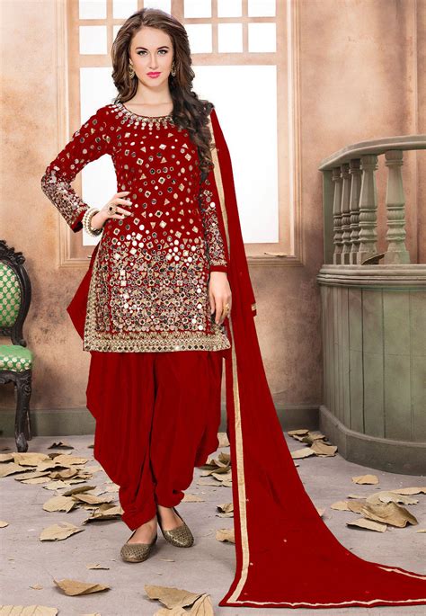 Embroidered Taffeta Silk Punjabi Suit In Red Kch1165