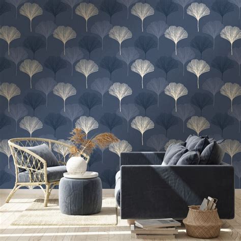 Gingko Leaf Wallpaper Navy Gold Blue Wallpaper Living