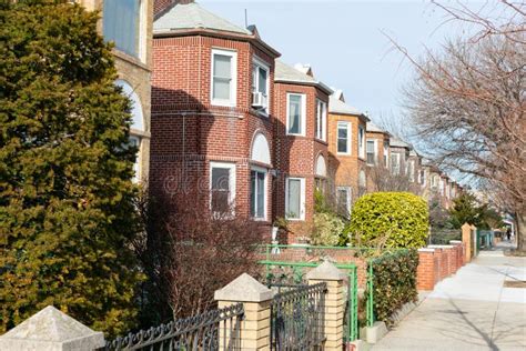 Row Of Beautiful Old Brick Homes In Astoria Queens New York Along The