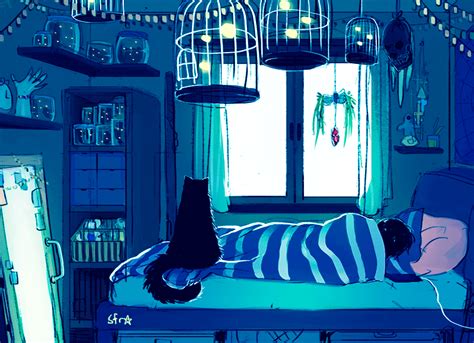 Blue Anime Aesthetic Wallpaper Gif Anime Animegirl Animegif Night Sleeping Sleep Cat Aesth