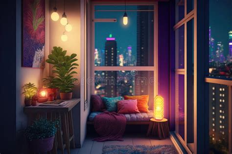 Cozy Balcony With View Of Vibrant City Nightlife Stock Photo Image Of