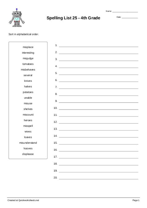 Spelling List 25 4th Grade Sort Into Order Worksheet Quickworksheets
