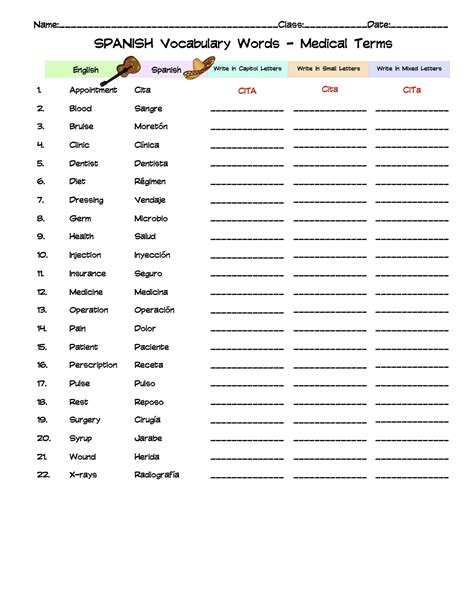 Spanish Medical Terms Vocabulary Word List Column Worksheet Made By