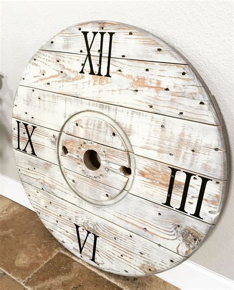 White Washed Wooden Spool Clock Accent Decor Wooden Spools