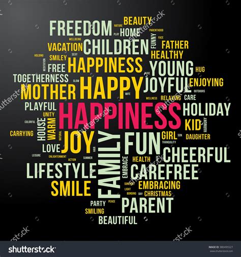 Happiness Word Cloud Dark And Colourful Tag Cloud Vector Graphics
