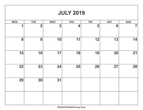 July 2019 Calendar Whatisthedatetodaycom
