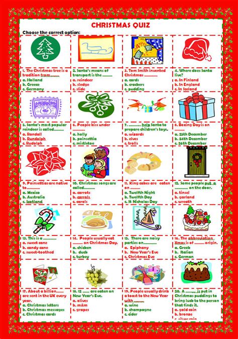 Free esl printable grammar worksheets, vocabulary worksheets, flascard worksheets, fairytales worksheets, efl exercises, eal handouts, esol quizzes, elt activities, tefl questions, tesol materials, english teaching and prepared worksheets are given together with their answers. christmas quiz questions and answers multiple choice