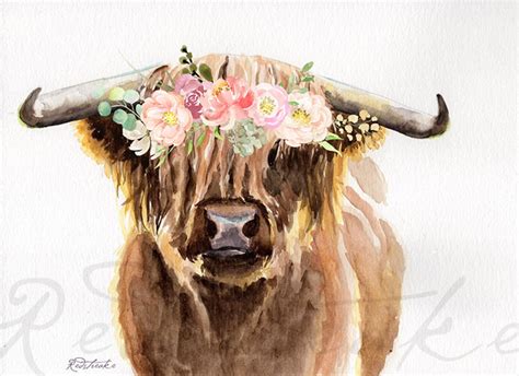 8 X 10 Inch Highland Cow Art Print Cow Watercolor Painting Etsy
