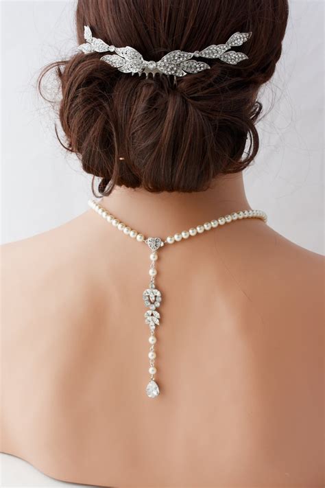 Pearl Backdrop Bridal Necklace Crystal Pearl Wedding Necklace Etsy