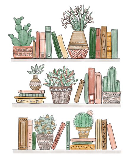 Potted Plants And Bookshelf Art Print Library Art Print Etsy
