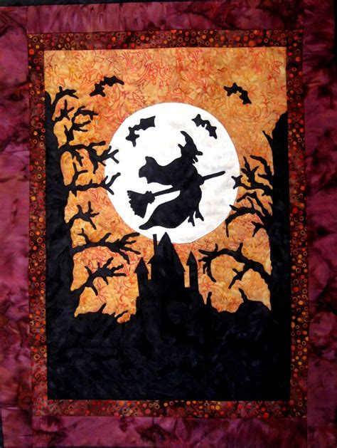 Halloween Witch Quilt Wall Hanging Fiber Art Applique Batik