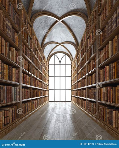 Light Coming Through Arched Window In Library Or Reading Room With Many