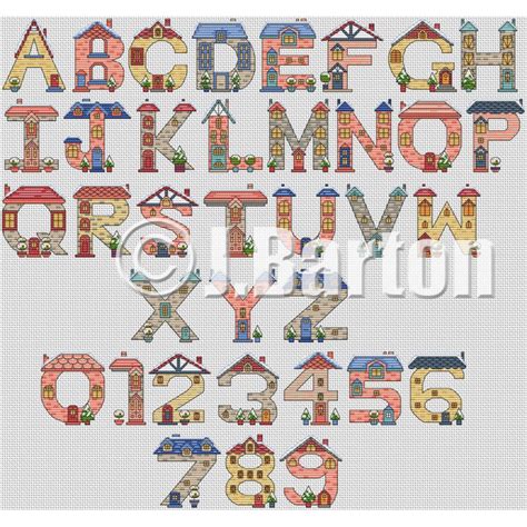 Cross stitch alphabet charts free download. Houses alphabet and numbers (cross stitch chart download)