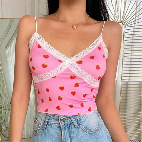 Strawberry Pink Lace Edge Sweet Crop Top Tank Top Summer Etsy In 2021 Lace Cami Top Cute