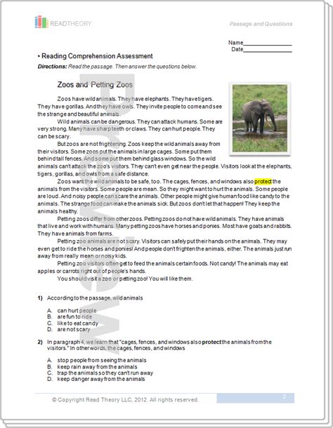 Zoos And Petting Zoos 3g 410l Read Theory Workbooks