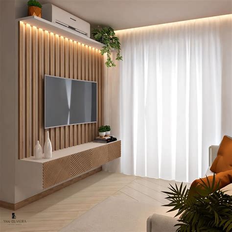 A Modern Living Room With White Curtains And Wood Paneling On The Wall