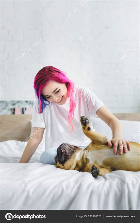 Girl Colorful Hair Petting Looking Cute French Bulldog Which Laying