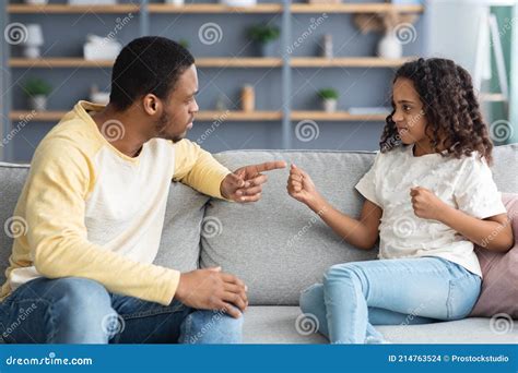 Serious Black Father Scolding His Angry Daughter Home Interior Stock