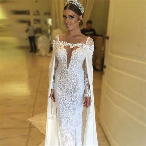 Illusion Plunging V Neck Long Sleeves Lace Sheath Wedding Dress With Removable Cape See Through