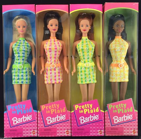 Lot Of 4 Barbies Pretty In Plaid~blonde~brunette~redhead~african American Aa Nib Barbie Dolls