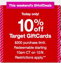 I depleted the balance a they go to target.com and use the photocopied card numbers to buy other gift cards that they can. Target 10% Off Gift Cards Promo: Sunday, December 8th ...