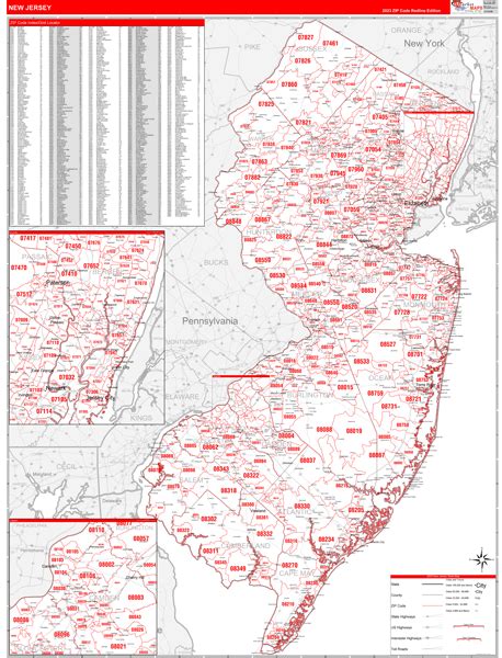 New Jersey Zip Code Wall Map Red Line Style By Marketmaps Mapsales Free Nude Porn Photos