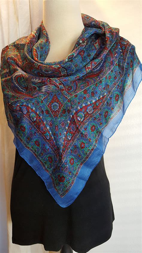 Silk Chiffon Square Scarf Indian Silk Blues And Reds Paisley Design