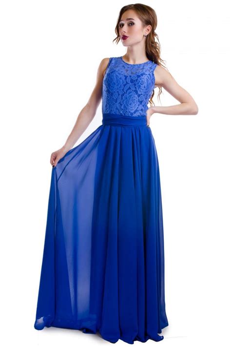 Royal Blue Floor Length Chiffon Dressbridesmaids Floral Dress Lace
